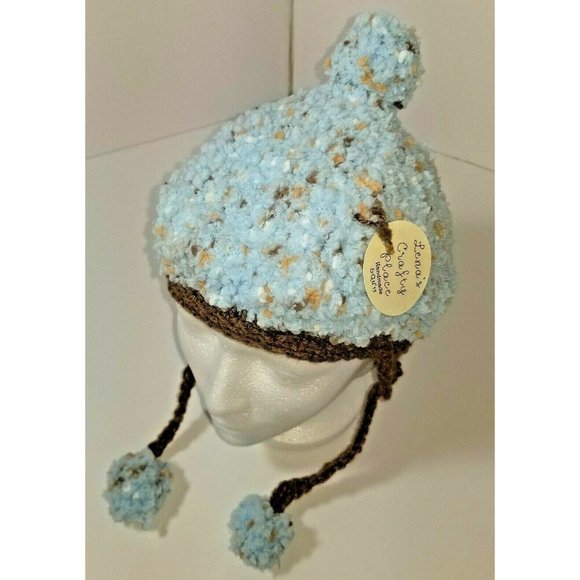 Toddler Child Lt Blue Brown Handmade Knitted Crochet Pom Pom Earflap Bomber Hat - Picture 3 of 9
